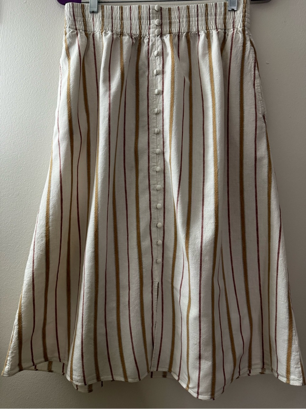 Madewell Linen-Cotton Smocked Waist Button Front Striped Midi Skirt Sz M